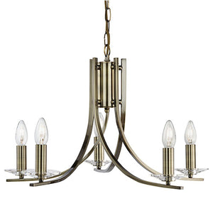 Ascona Antique Brass 5 Light Fitting With Clear Glass Sconces