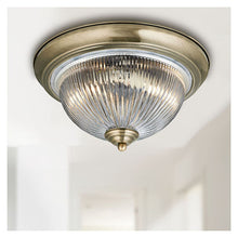 Load image into Gallery viewer, American Diner IP44 Antique Brass Flush Fitting Clear Ribbed Glass
