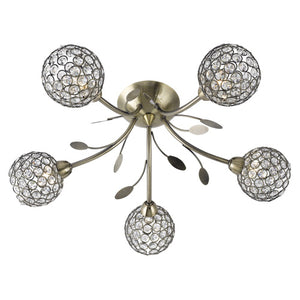 Bellis II Antique Brass 5 Light Fitting With Clear Glass Shades