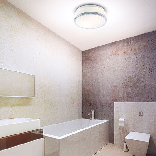 IP44 2 Light Flush Fitting With Opal Glass Shade & Chrome Trim In Bathroom